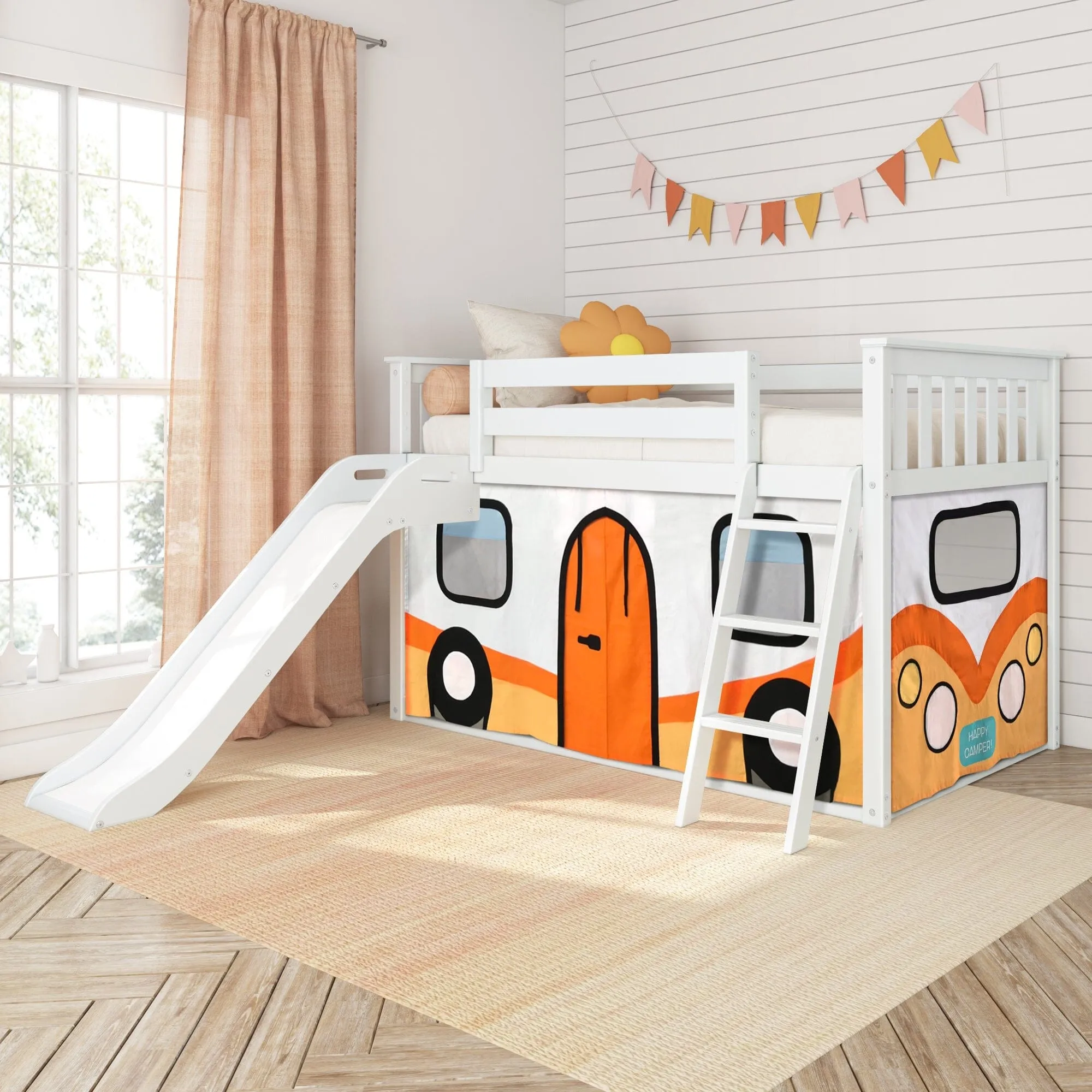 Twin Over Twin Low Bunk Bed with Easy Slide & Camper Van Curtain
