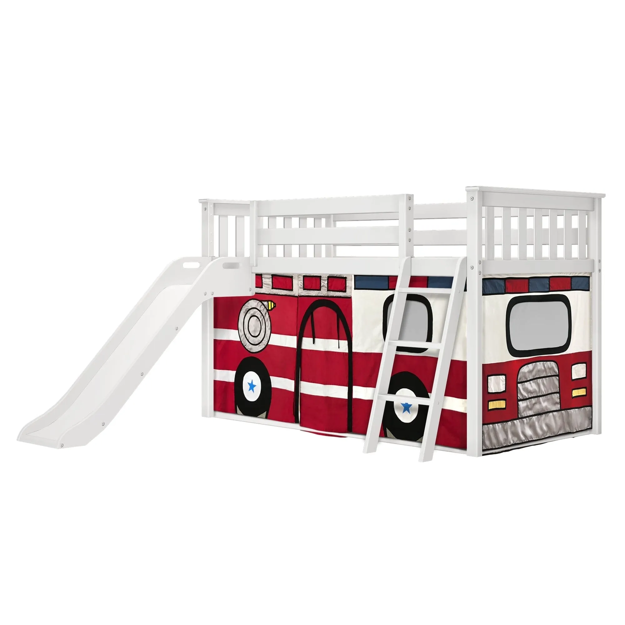 Twin Over Twin Low Bunk Bed with Easy Slide & Firetruck Curtain