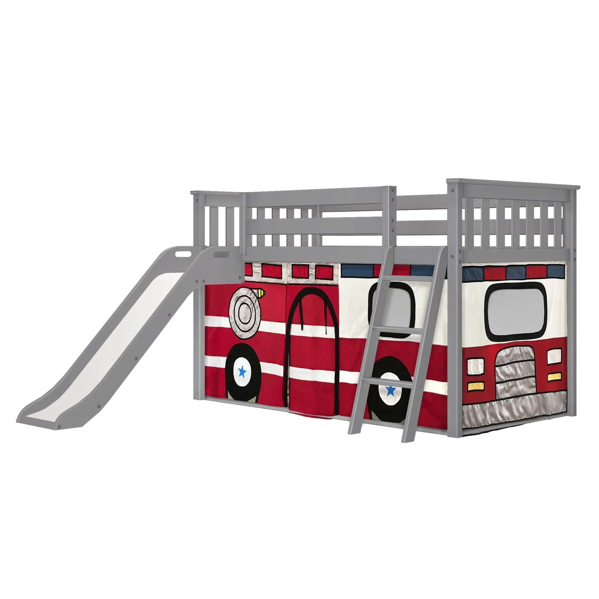 Twin Over Twin Low Bunk Bed with Easy Slide & Firetruck Curtain