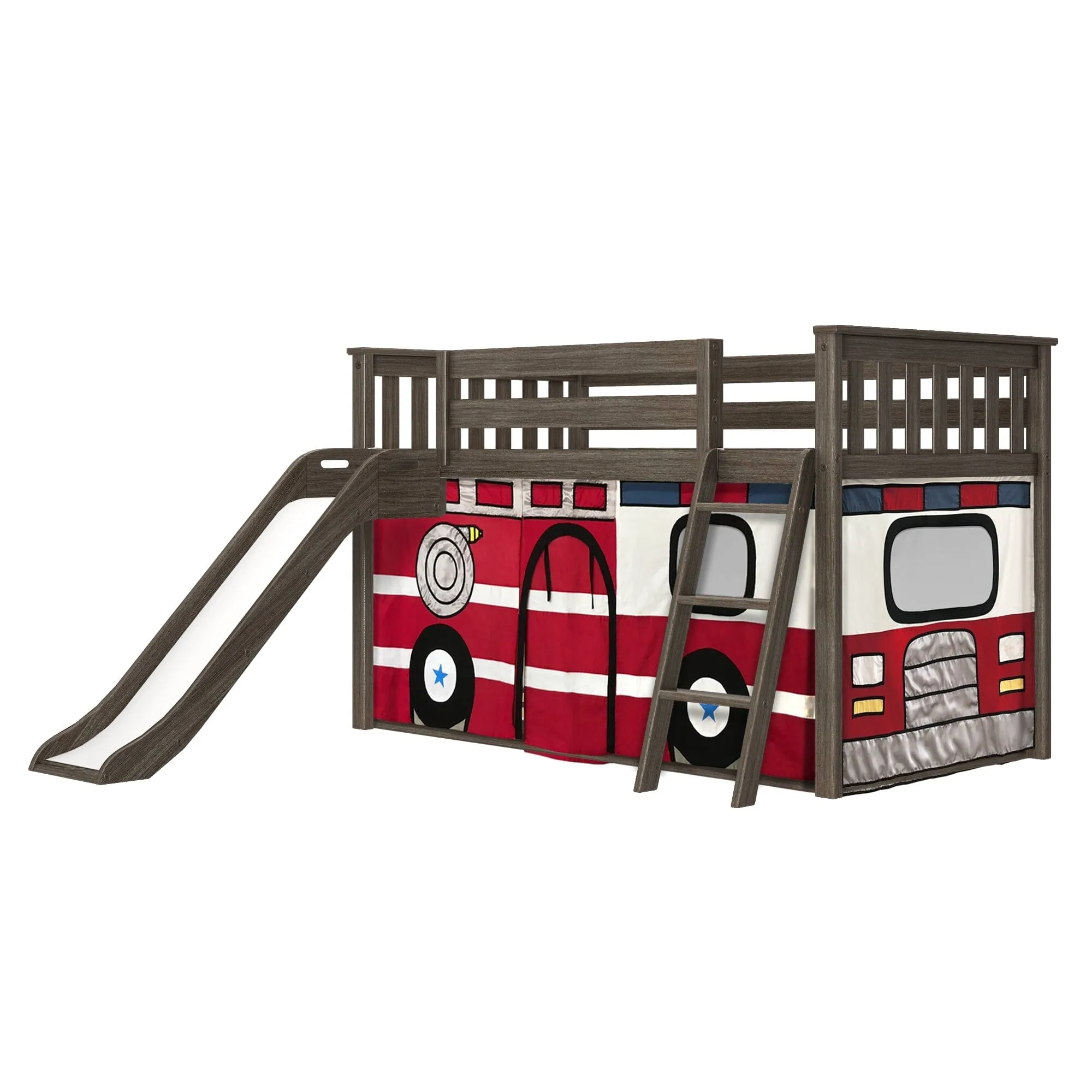 Twin Over Twin Low Bunk Bed with Easy Slide & Firetruck Curtain