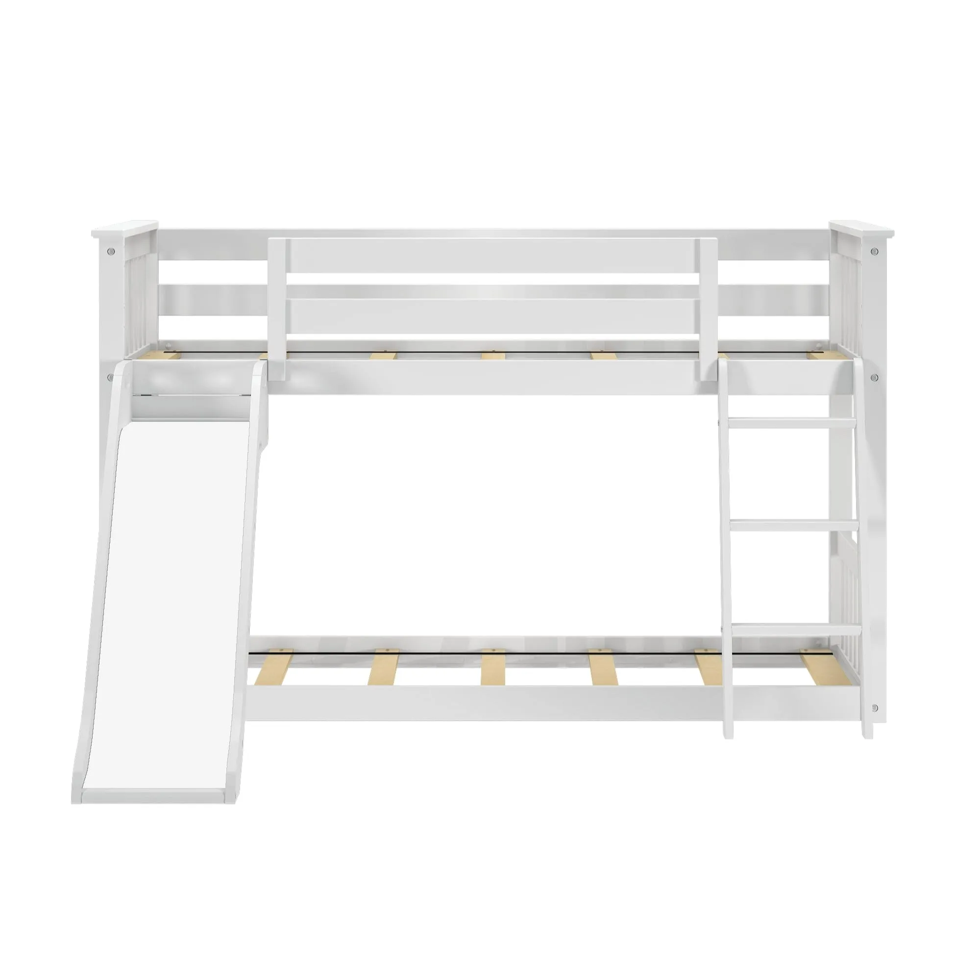 Twin Over Twin Low Bunk Bed with Easy Slide & Firetruck Curtain