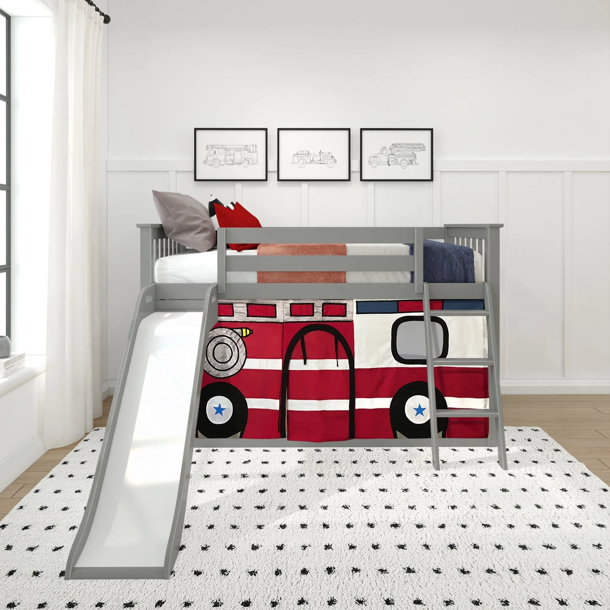 Twin Over Twin Low Bunk Bed with Easy Slide & Firetruck Curtain
