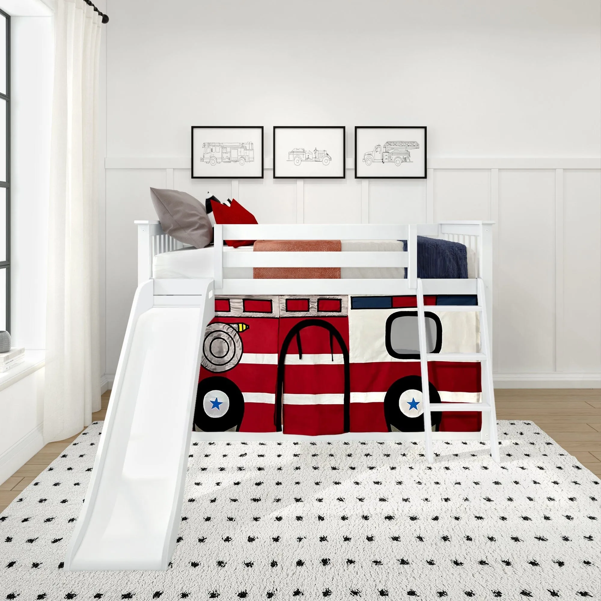 Twin Over Twin Low Bunk Bed with Easy Slide & Firetruck Curtain