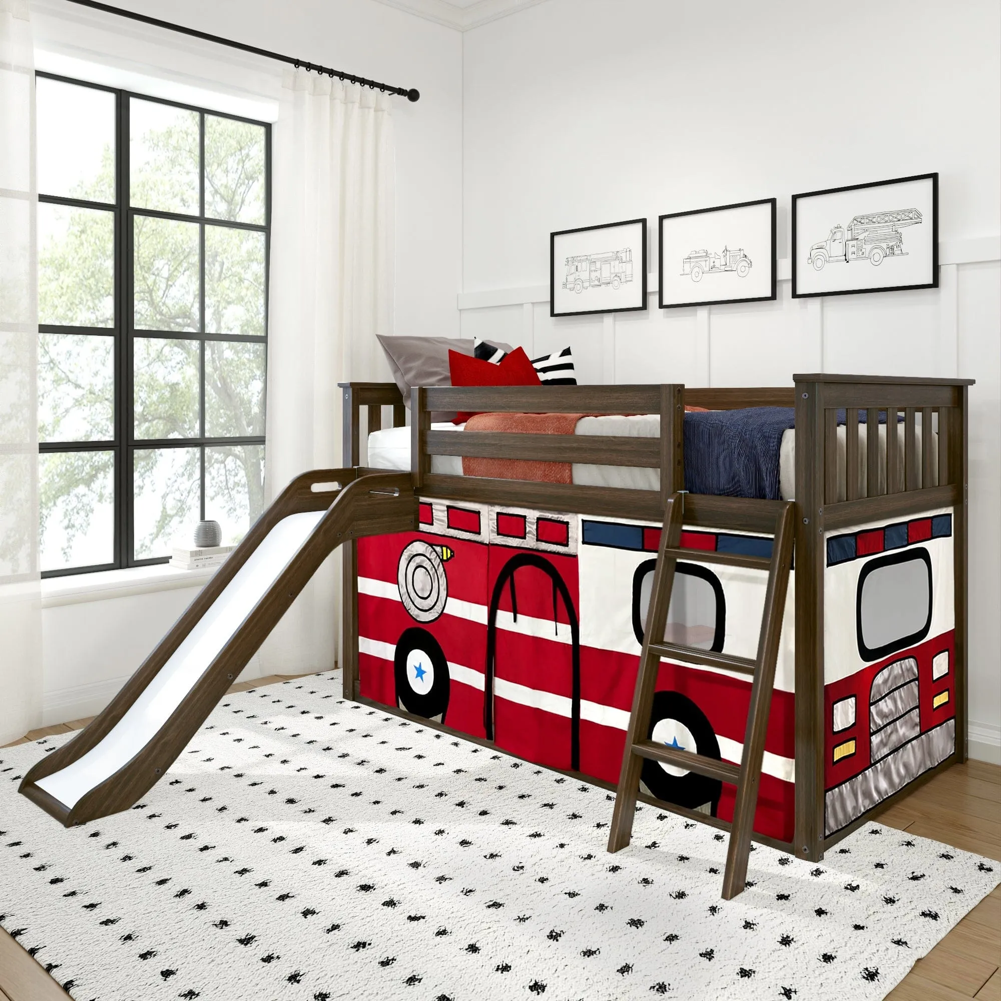 Twin Over Twin Low Bunk Bed with Easy Slide & Firetruck Curtain