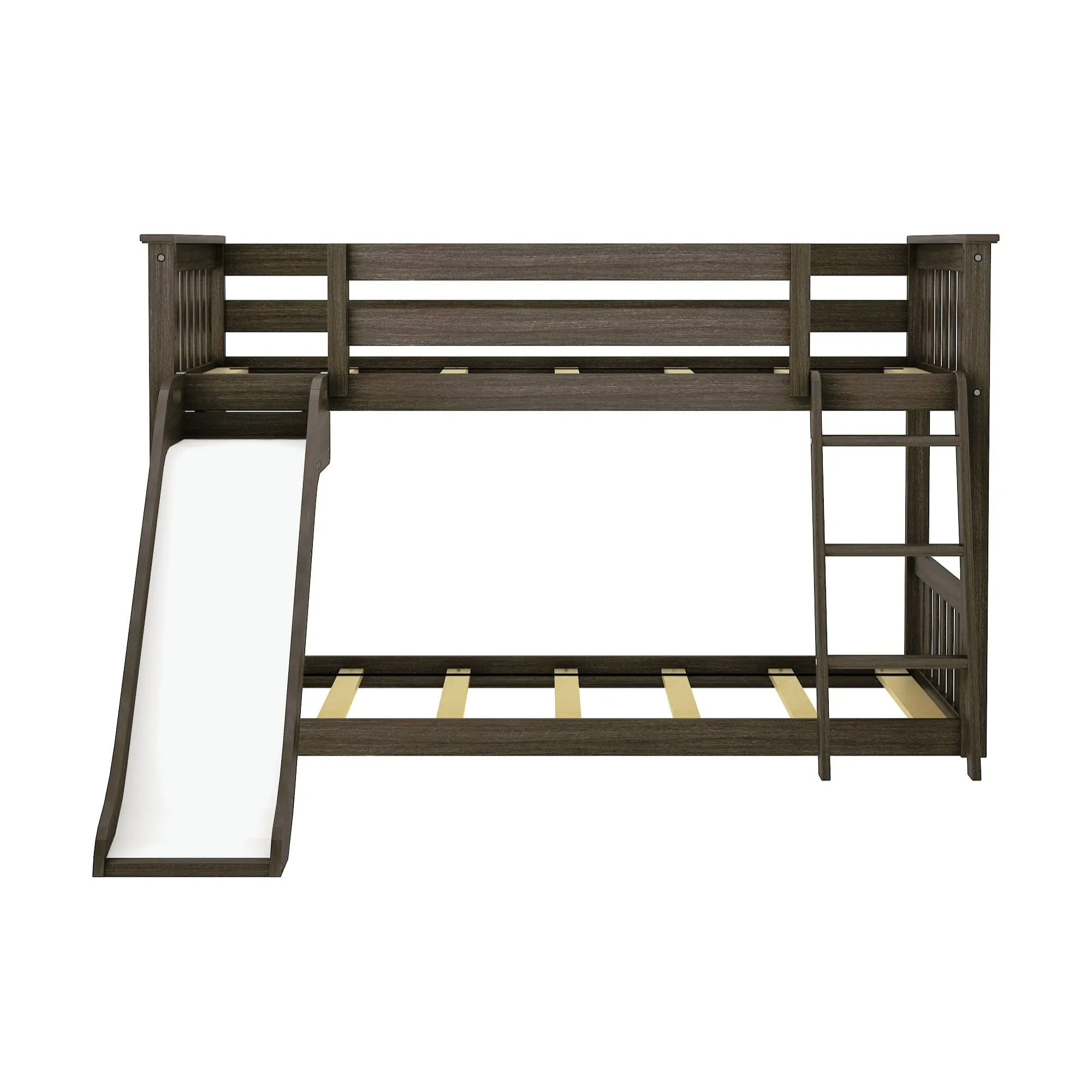 Twin Over Twin Low Bunk Bed with Easy Slide & Firetruck Curtain