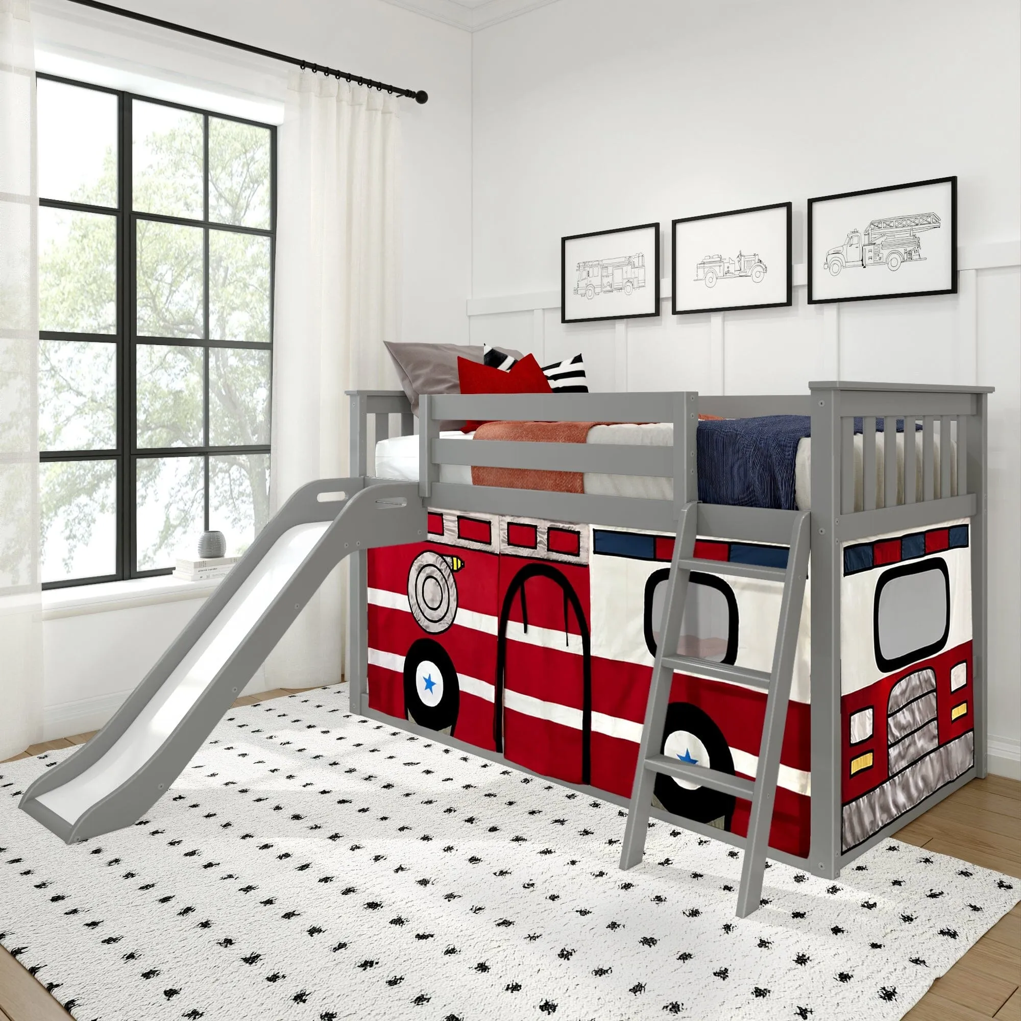 Twin Over Twin Low Bunk Bed with Easy Slide & Firetruck Curtain