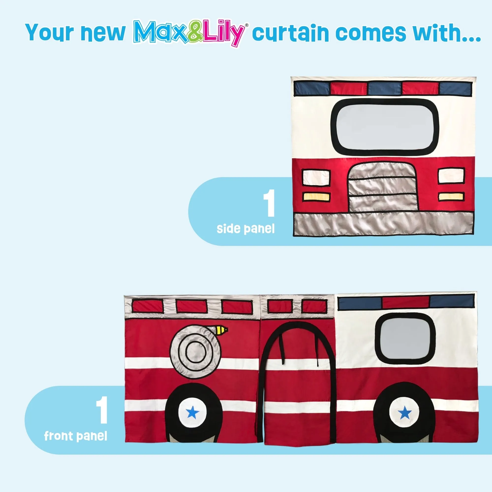 Twin Over Twin Low Bunk Bed with Easy Slide & Firetruck Curtain