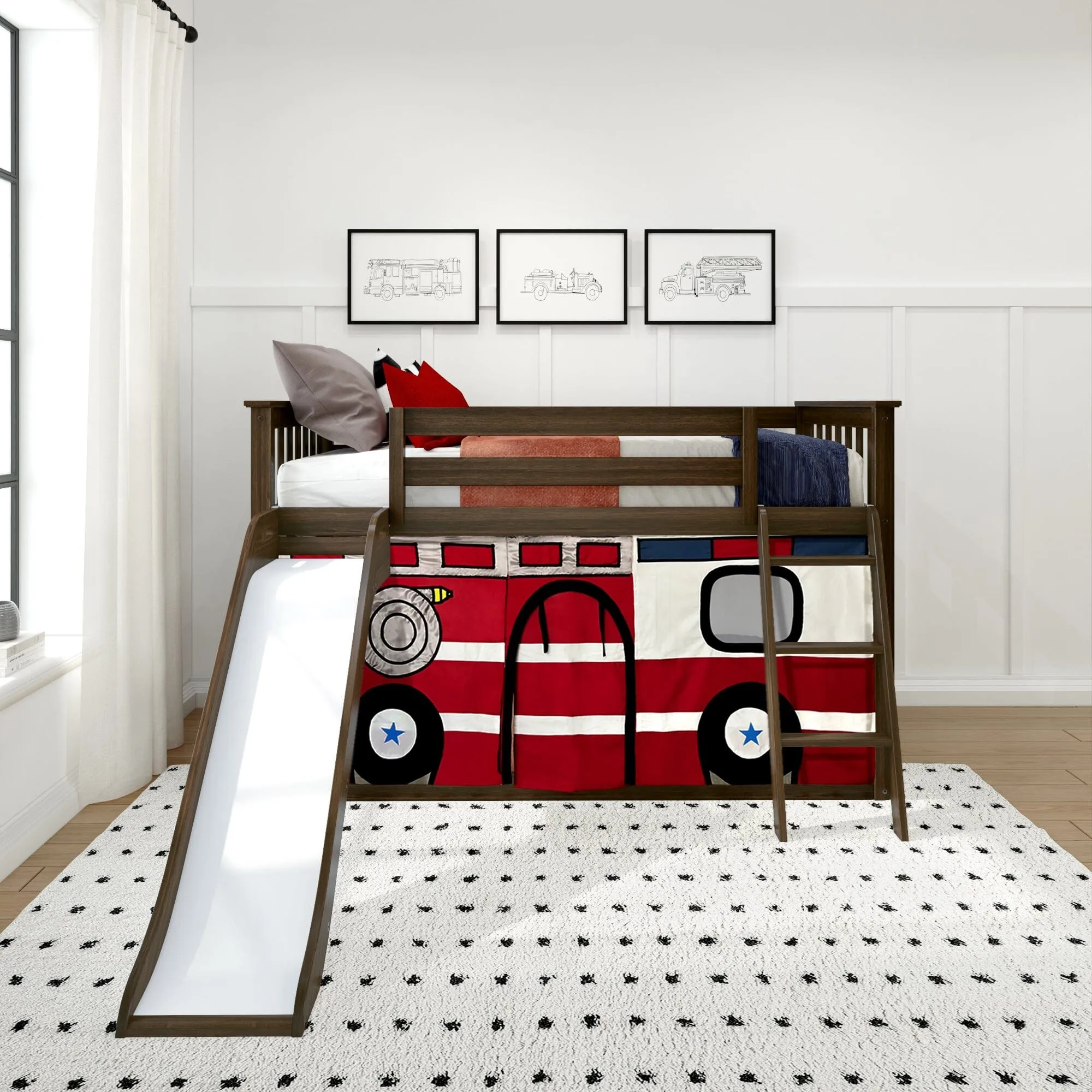 Twin Over Twin Low Bunk Bed with Easy Slide & Firetruck Curtain