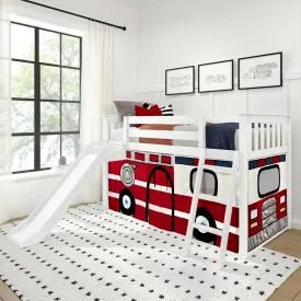 Twin Over Twin Low Bunk Bed with Easy Slide & Firetruck Curtain