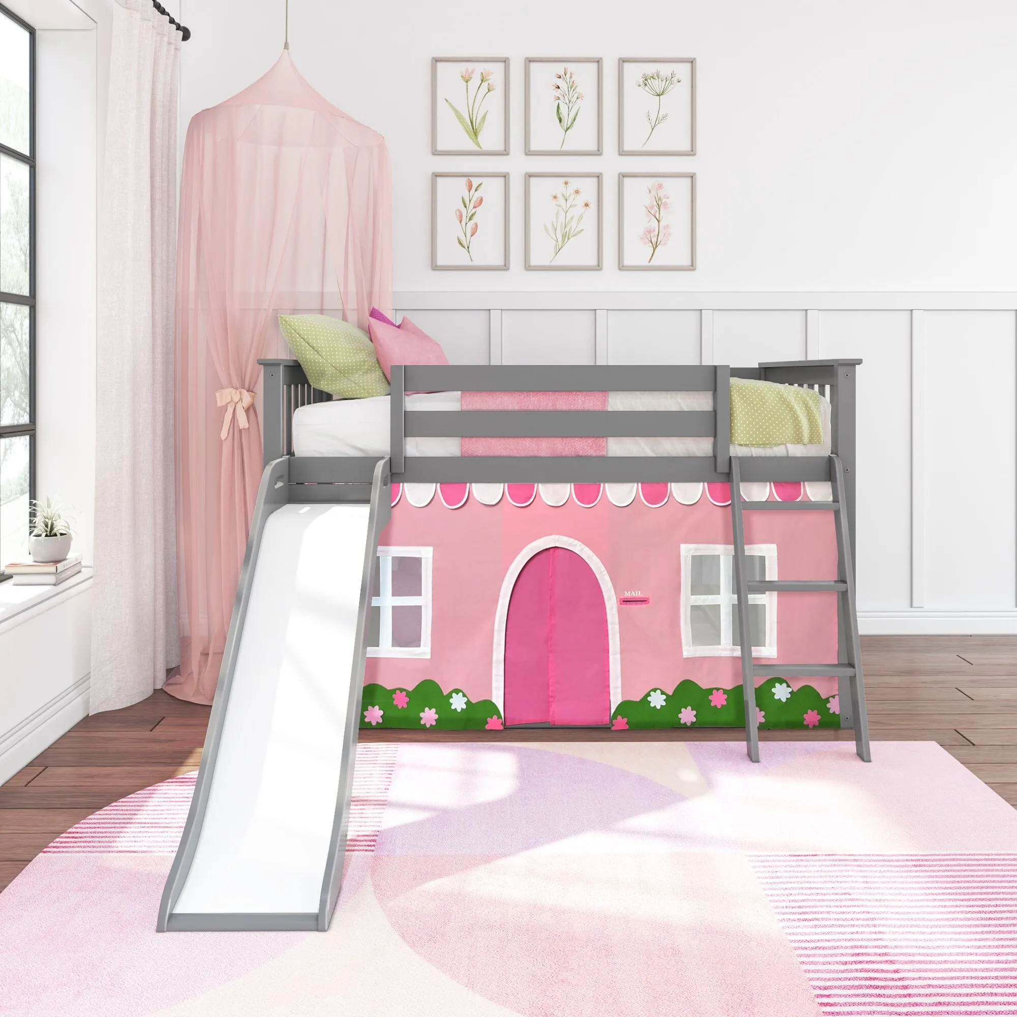 Twin Over Twin Low Bunk Bed with Easy Slide & Pink & White Farmhouse Curtain