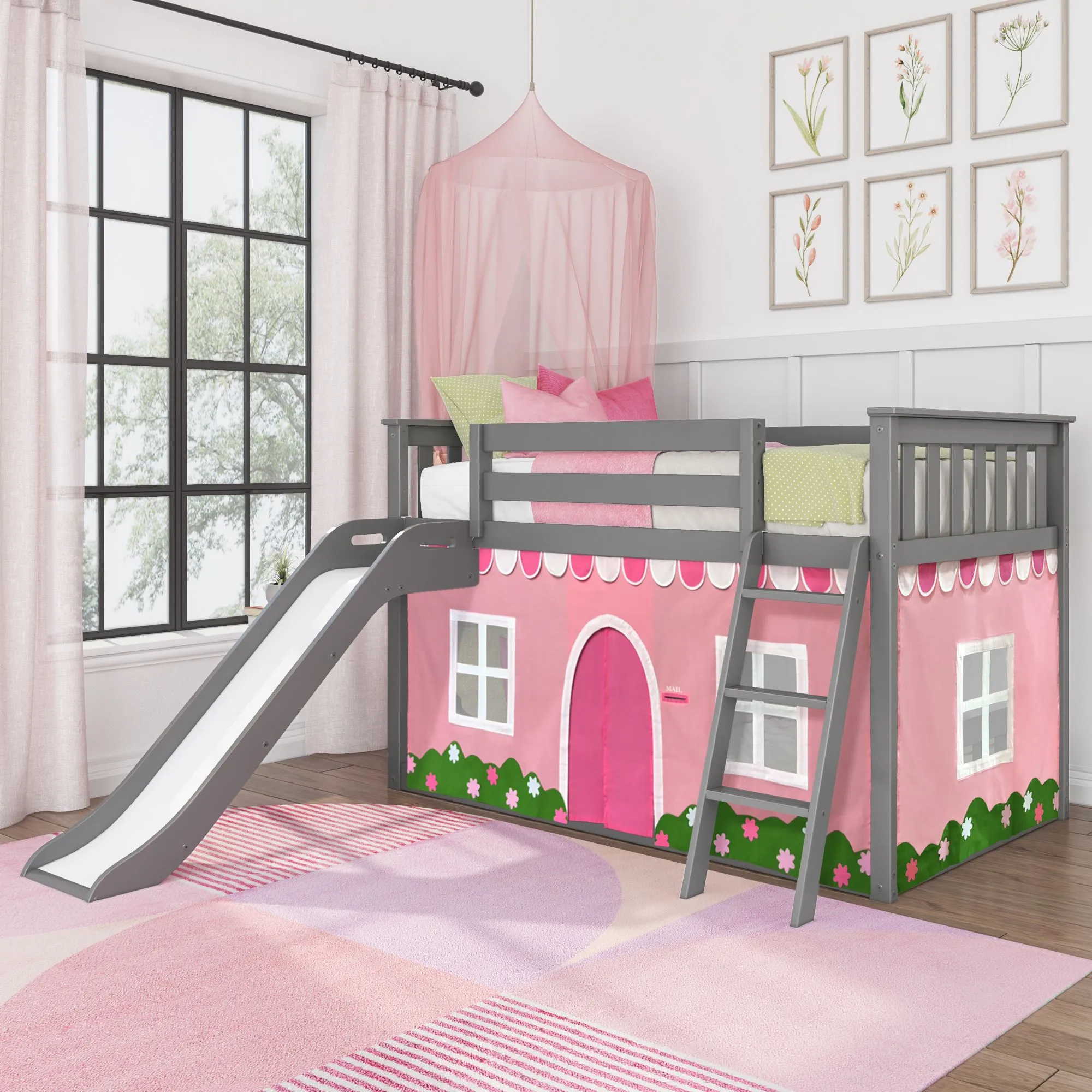 Twin Over Twin Low Bunk Bed with Easy Slide & Pink & White Farmhouse Curtain
