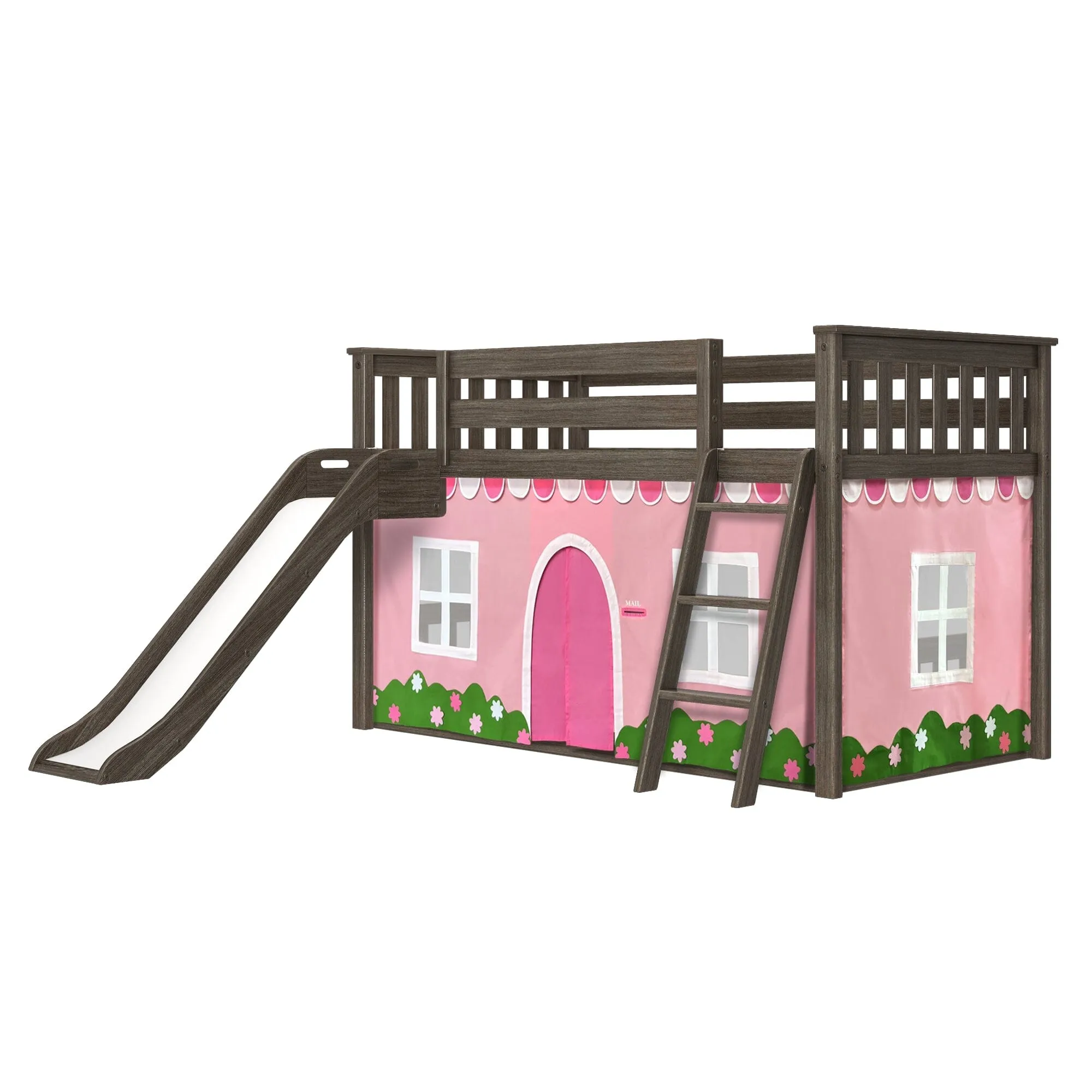 Twin Over Twin Low Bunk Bed with Easy Slide & Pink & White Farmhouse Curtain