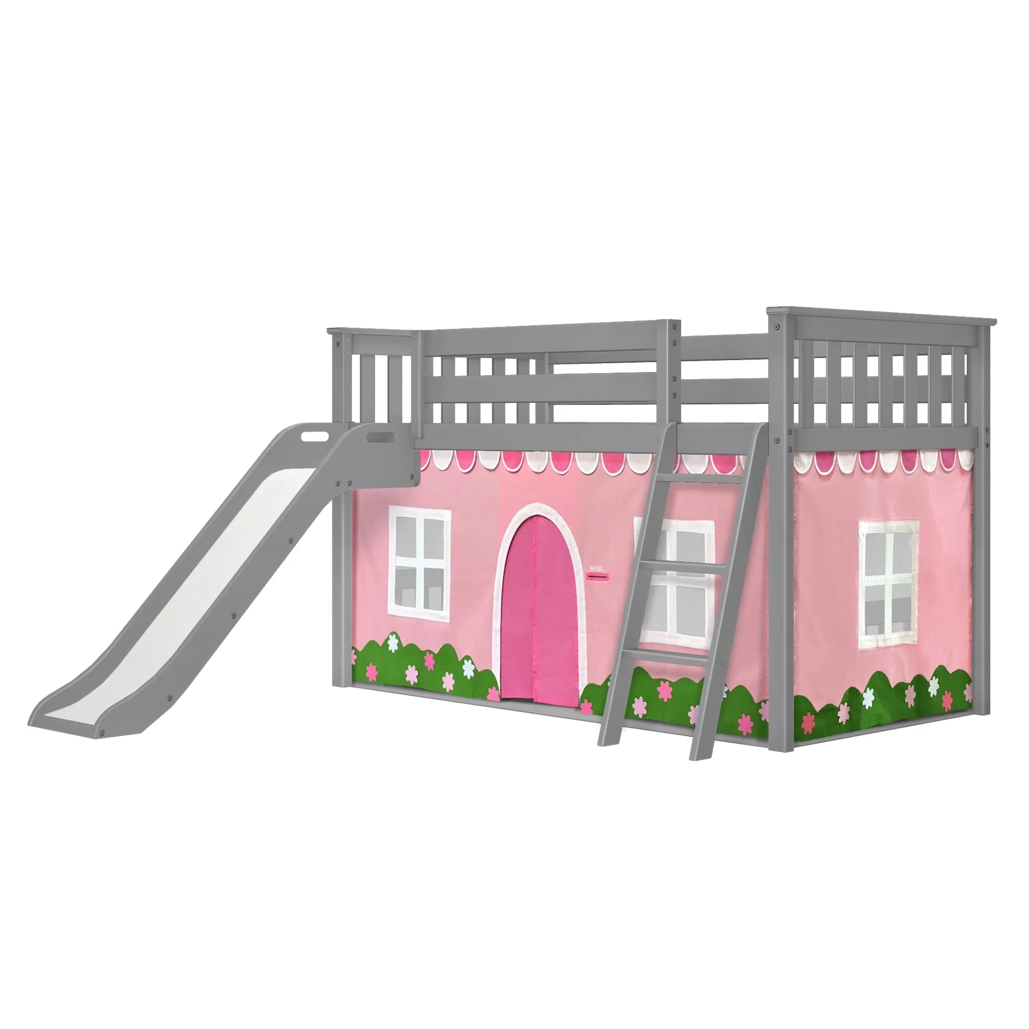 Twin Over Twin Low Bunk Bed with Easy Slide & Pink & White Farmhouse Curtain