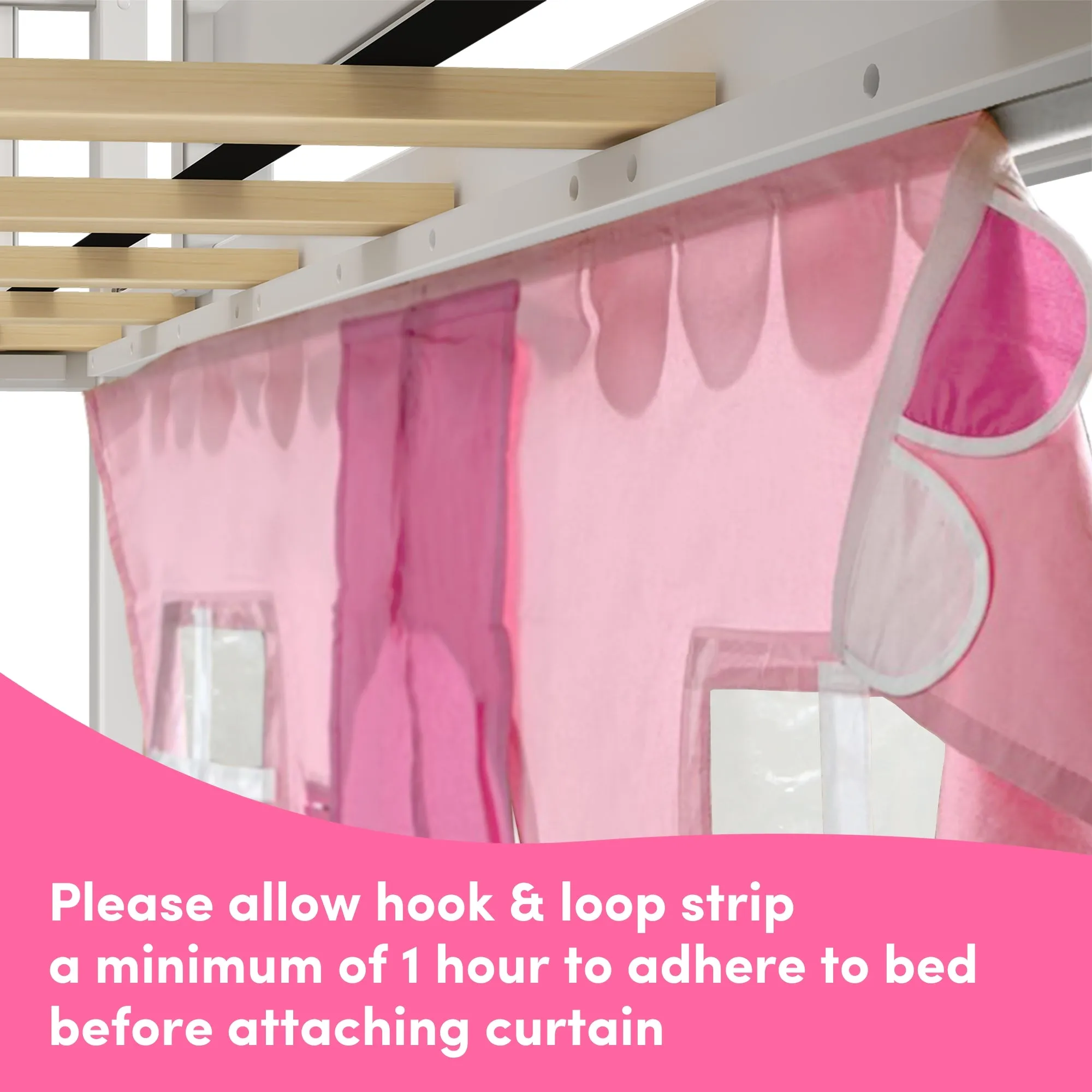 Twin Over Twin Low Bunk Bed with Easy Slide & Pink & White Farmhouse Curtain