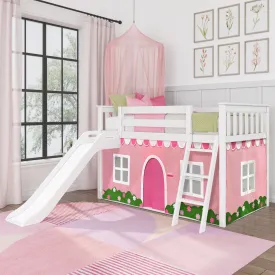 Twin Over Twin Low Bunk Bed with Easy Slide & Pink & White Farmhouse Curtain