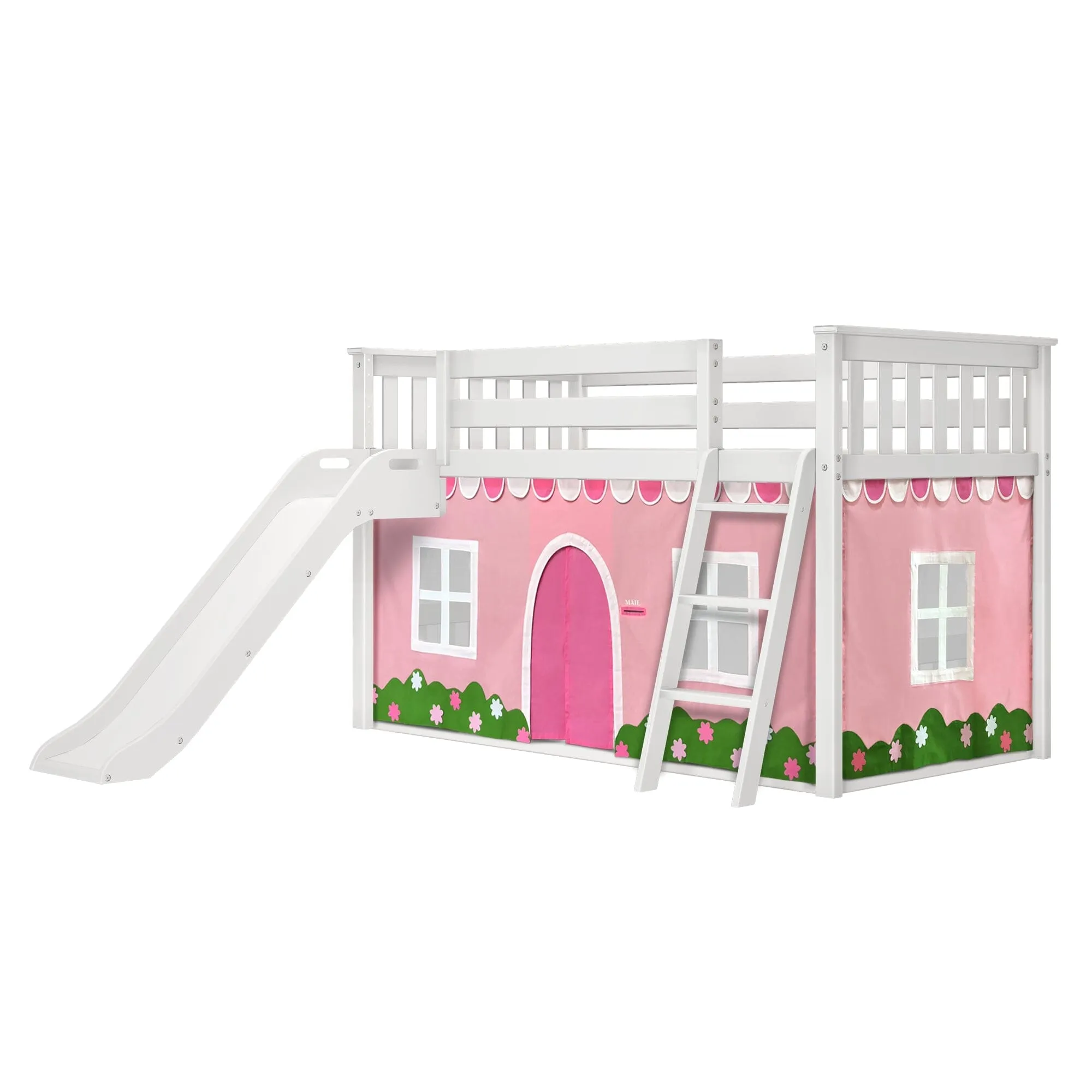 Twin Over Twin Low Bunk Bed with Easy Slide & Pink & White Farmhouse Curtain