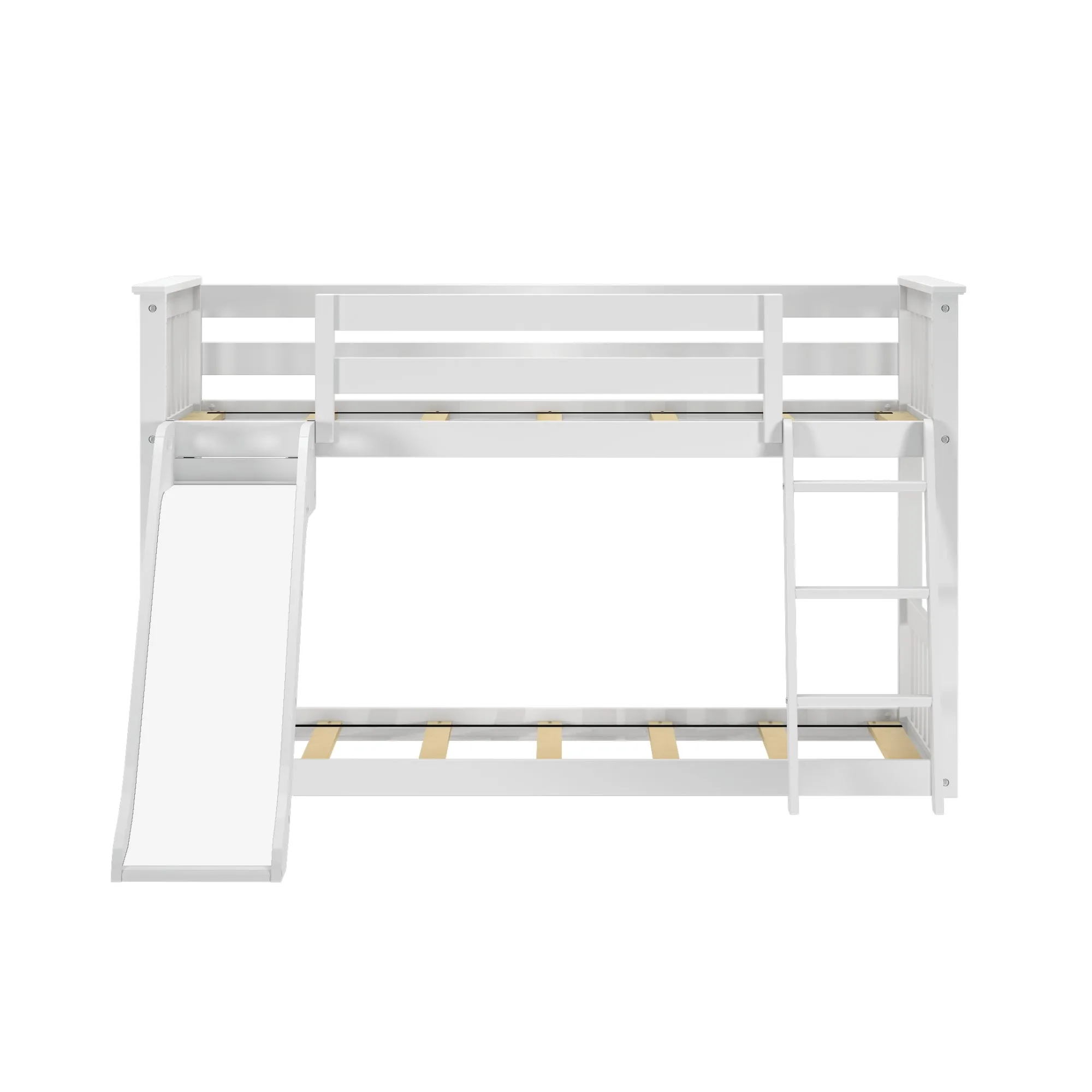 Twin Over Twin Low Bunk Bed with Easy Slide & Pink & White Farmhouse Curtain