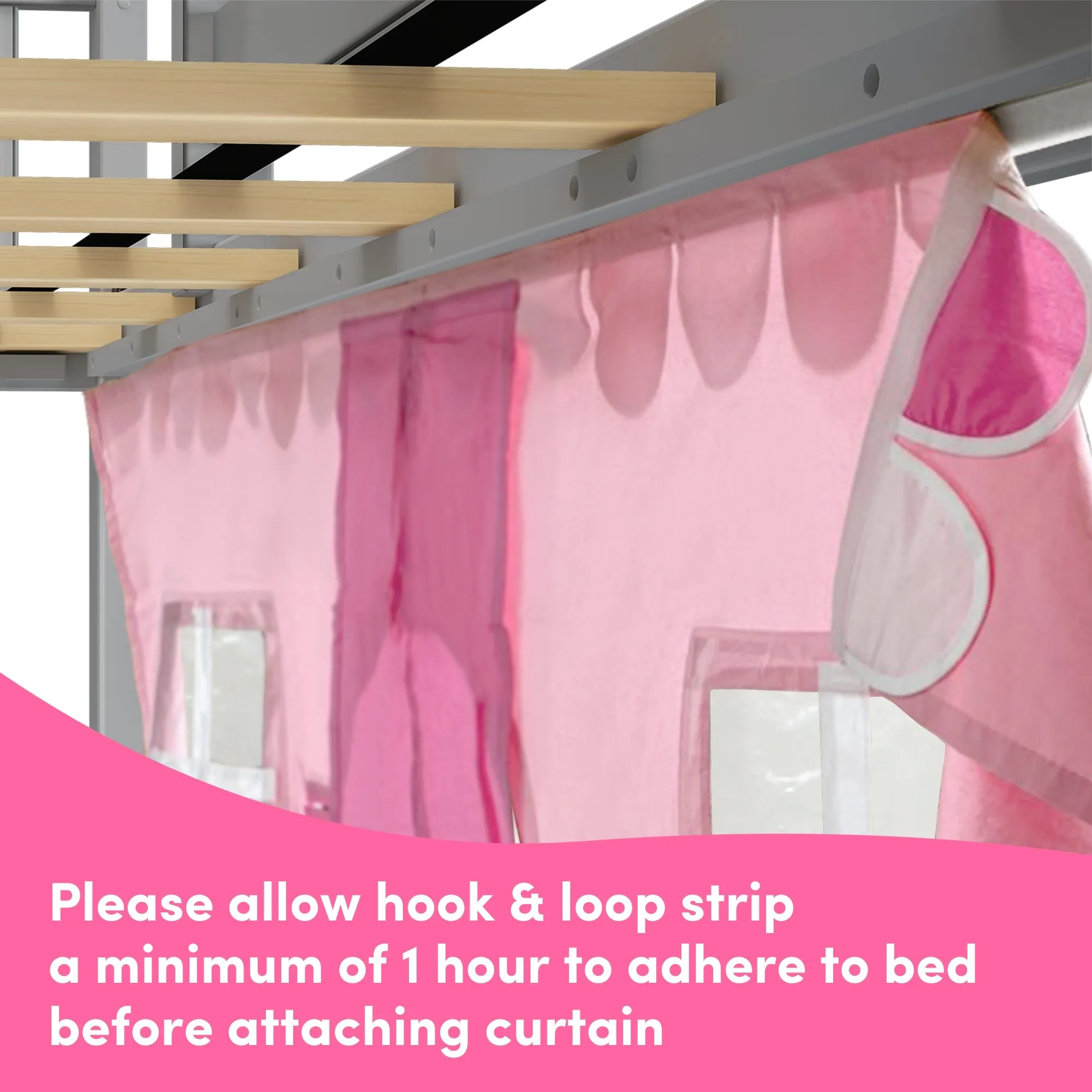 Twin Over Twin Low Bunk Bed with Easy Slide & Pink & White Farmhouse Curtain