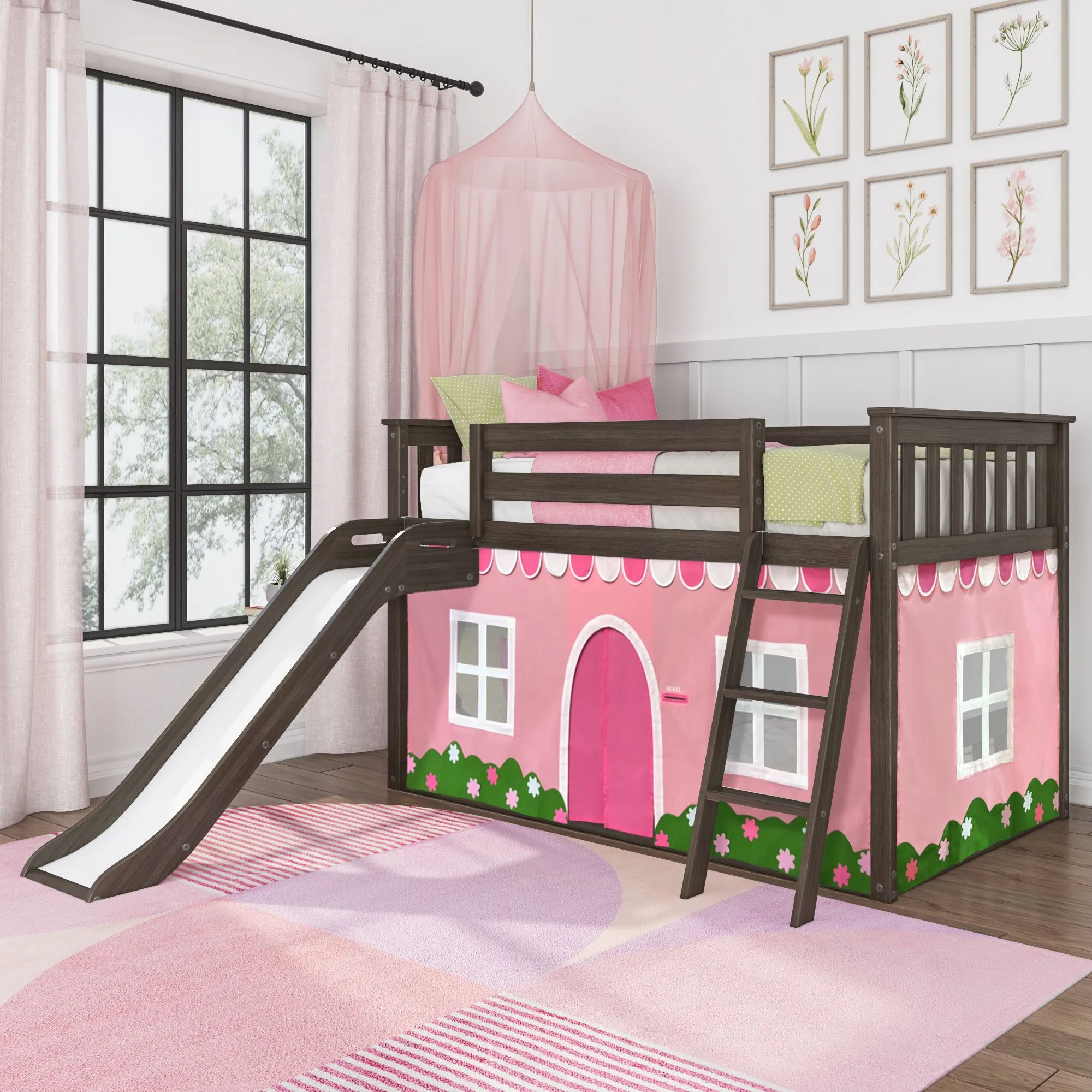 Twin Over Twin Low Bunk Bed with Easy Slide & Pink & White Farmhouse Curtain