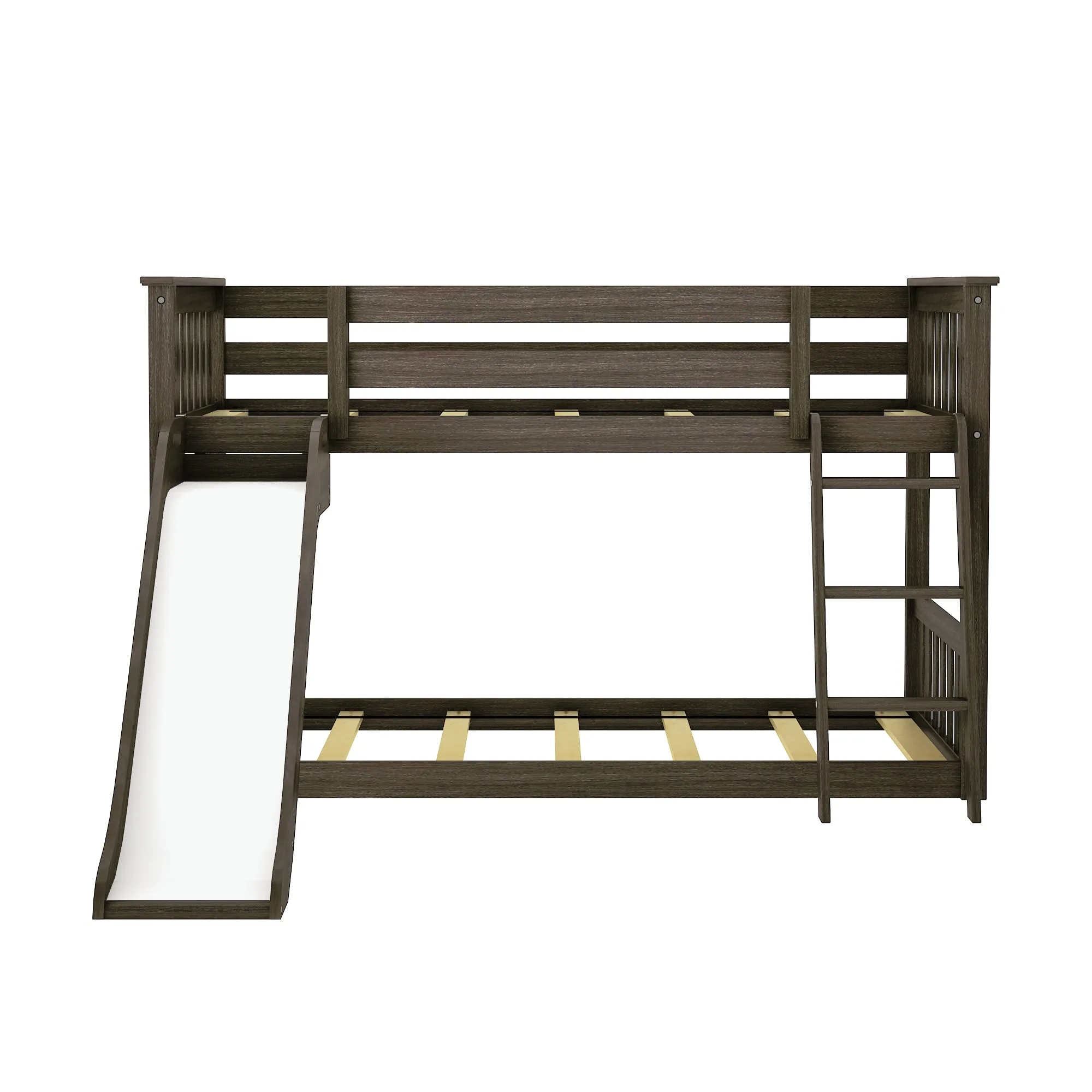 Twin Over Twin Low Bunk Bed with Easy Slide & Pink & White Farmhouse Curtain