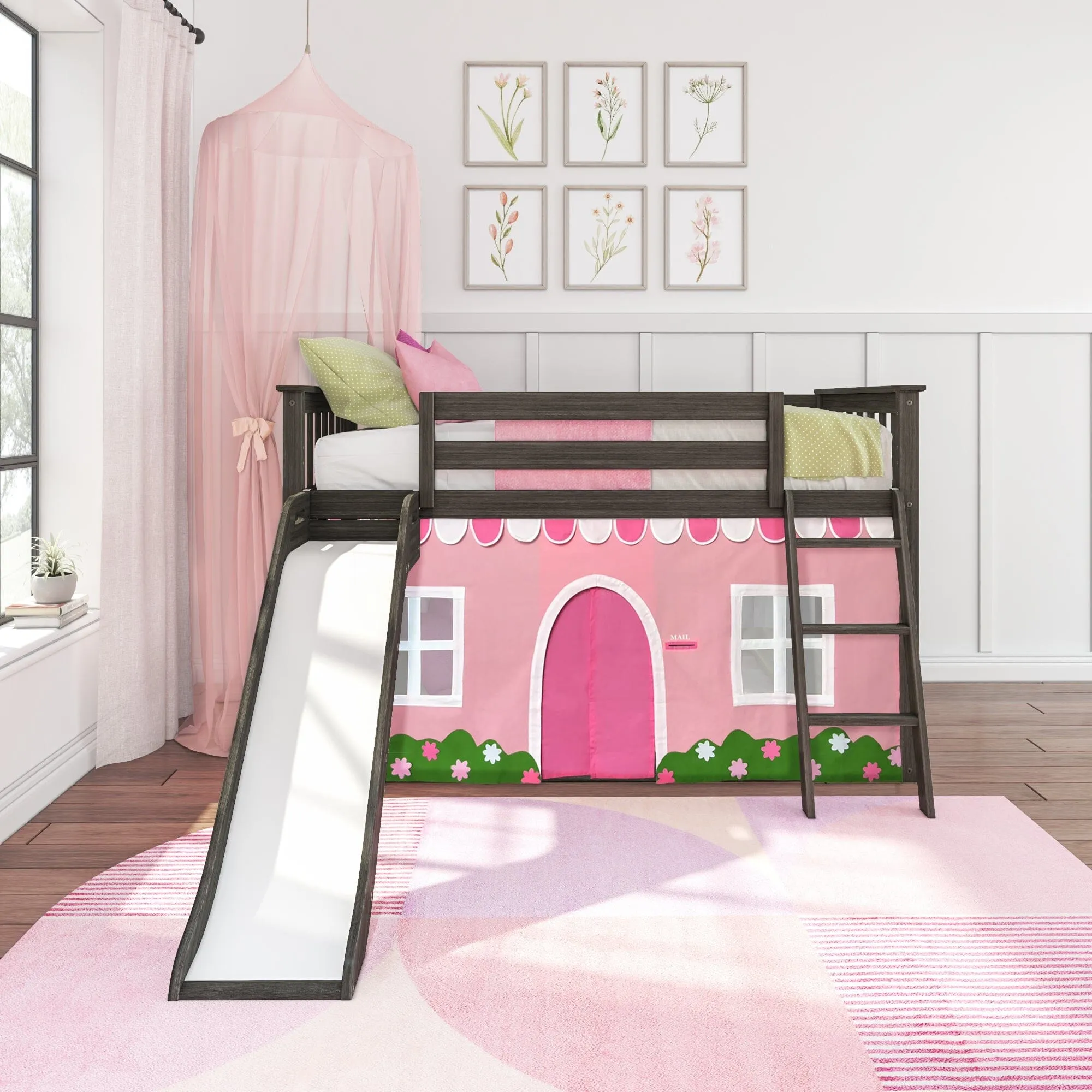 Twin Over Twin Low Bunk Bed with Easy Slide & Pink & White Farmhouse Curtain