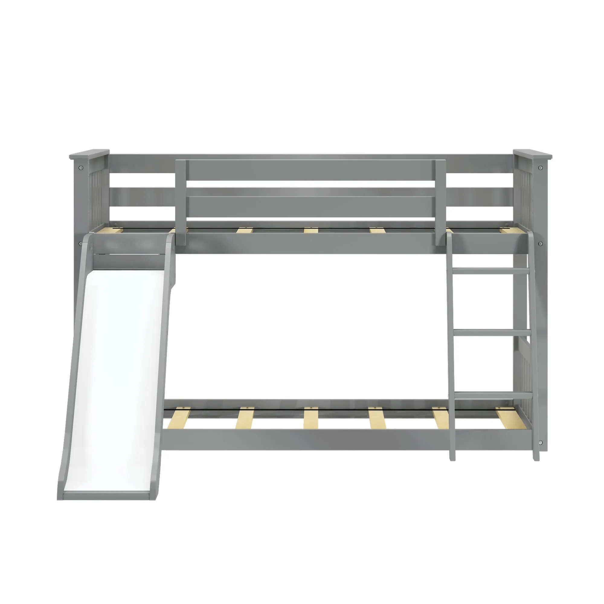 Twin Over Twin Low Bunk Bed with Easy Slide & Pink & White Farmhouse Curtain