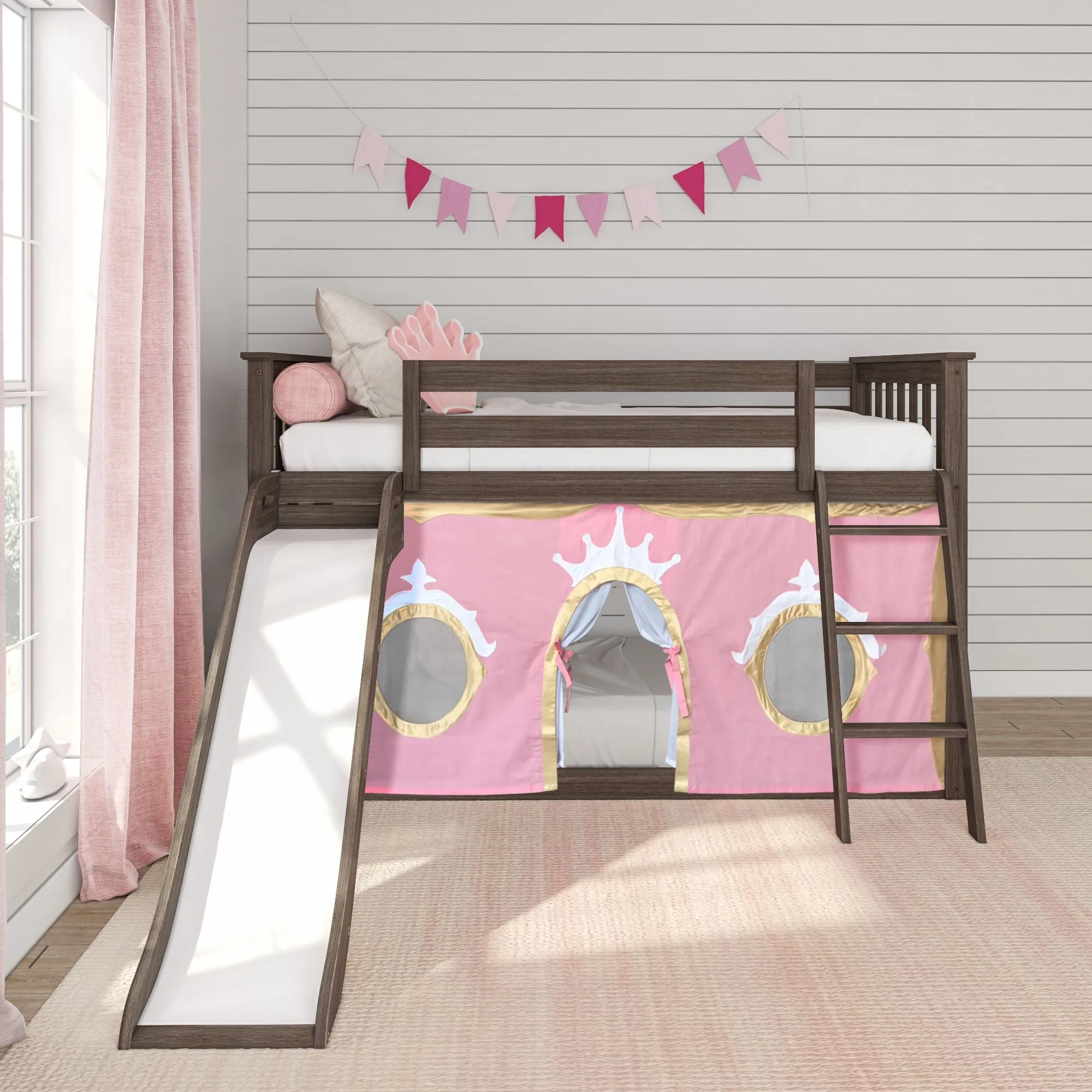 Twin Over Twin Low Bunk Bed with Easy Slide & Princess Curtain