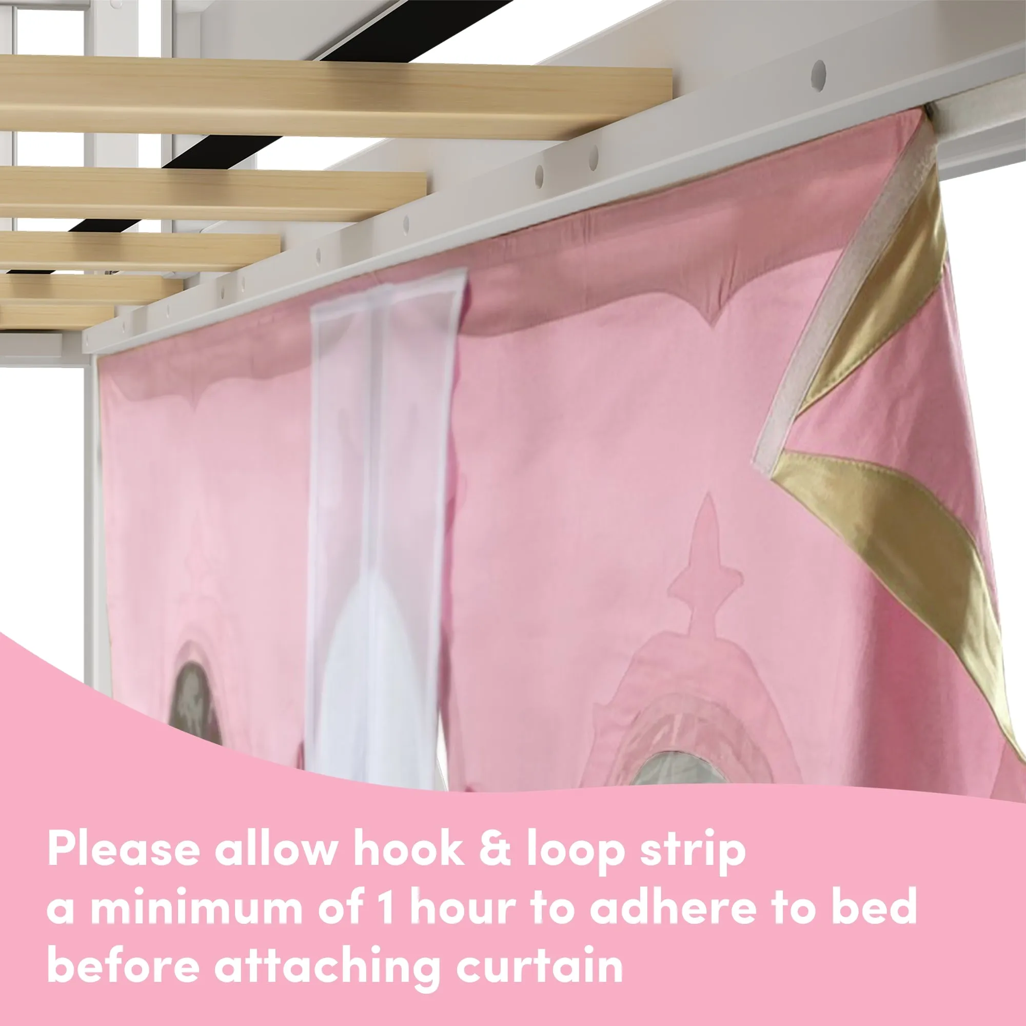 Twin Over Twin Low Bunk Bed with Easy Slide & Princess Curtain