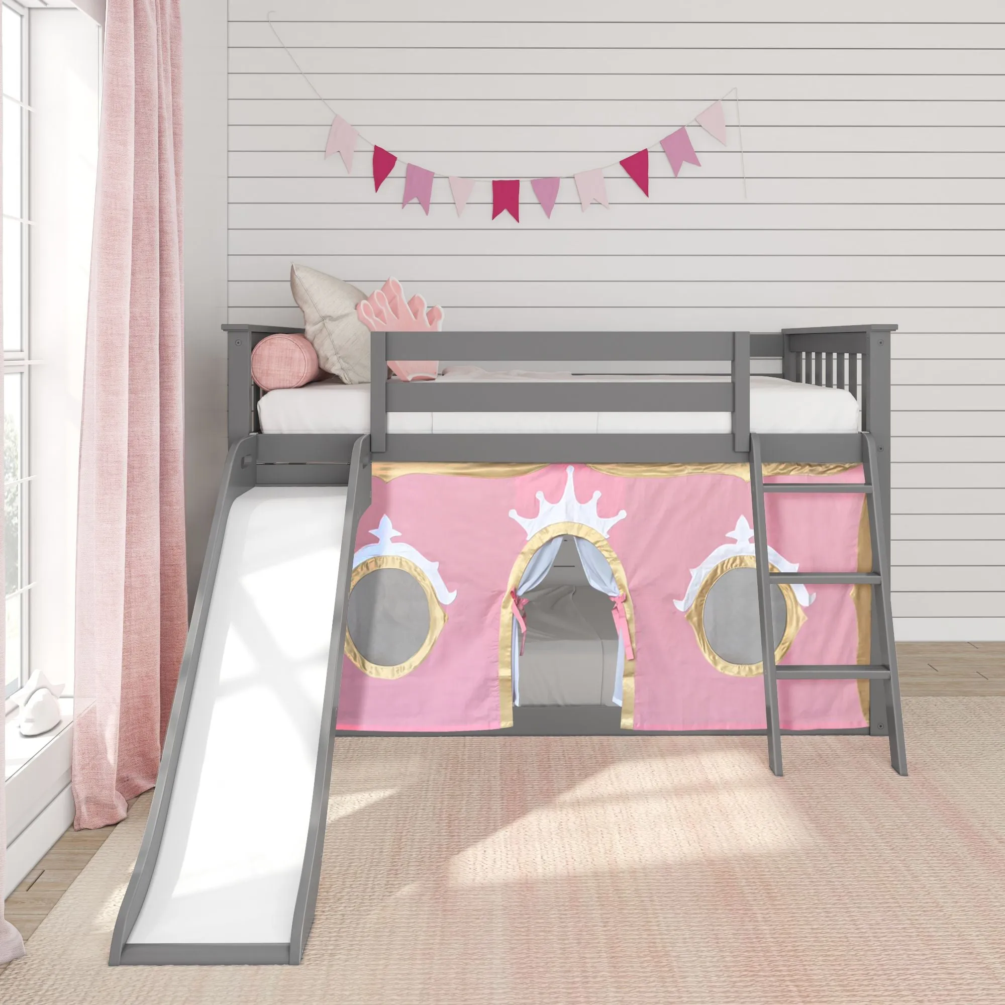 Twin Over Twin Low Bunk Bed with Easy Slide & Princess Curtain