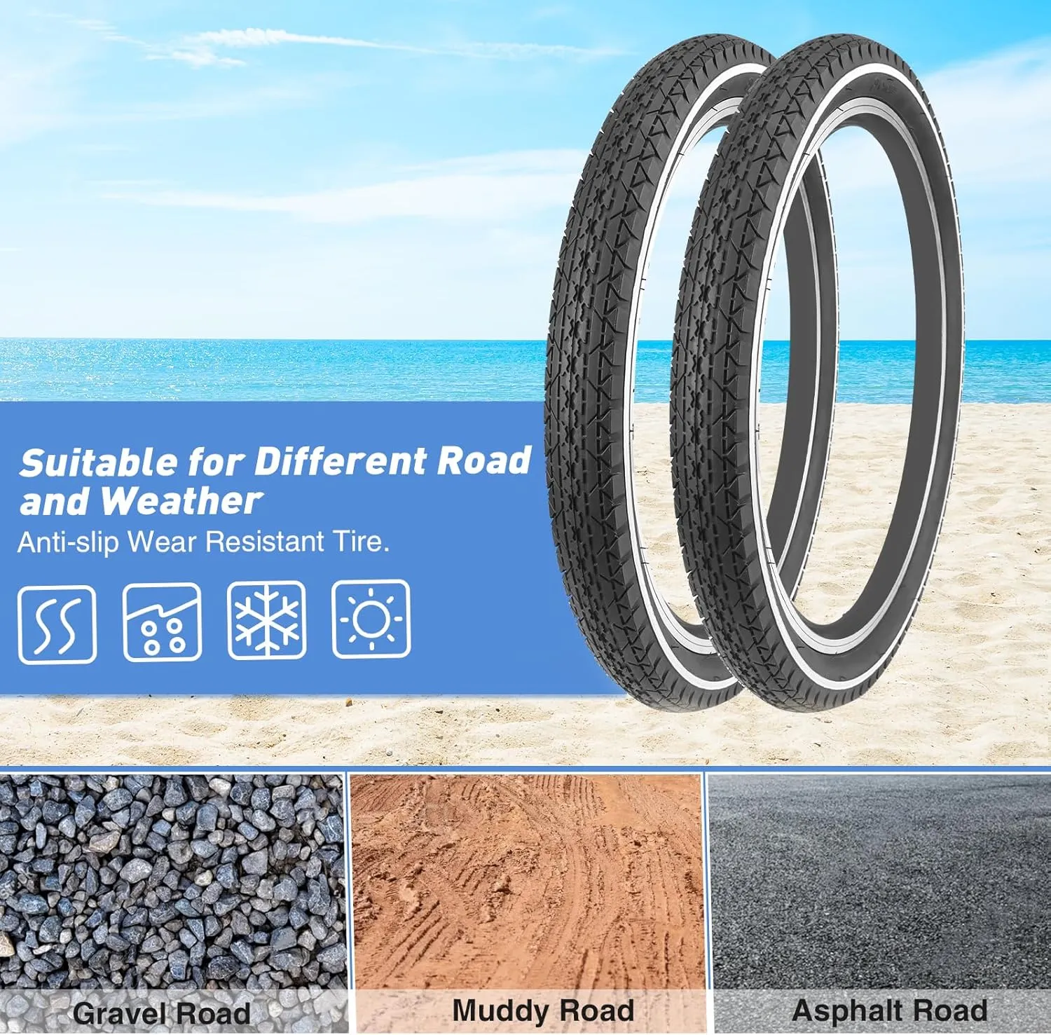 ZUKKA Cruiser Bike Tires 2 Pack Bike Tires 20/24/26 x 2.125 Inch Mountain Bike Tires with Inner Tubes White Wall Bike Tires